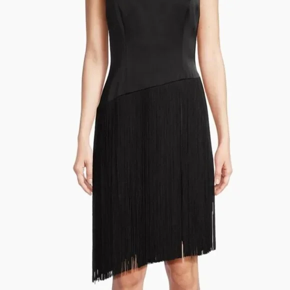 Liv Foster Mock Neck Sleeveless Midi Asymmetrical Fringe Crepe Dress Size 8 New - Picture 11 of 16